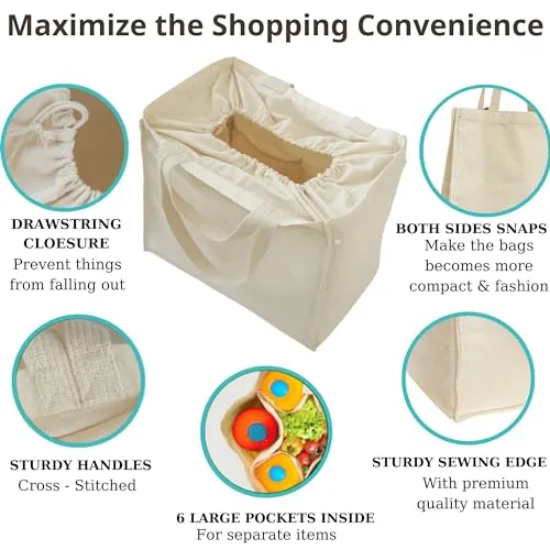 ANLACO Reusable Grocery Bags - Canvas Shopping Bags for Groceries with Handles, Extra Large Canvas Tote Bag with Real Pockets, Sturdy, Utility, Heavy Duty, Foldable, Washable, 1pc, Made in Vietnam