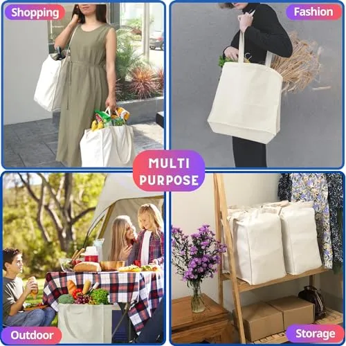 ANLACO Reusable Grocery Bags - Canvas Shopping Bags for Groceries with Handles, Extra Large Canvas Tote Bag with Real Pockets, Sturdy, Utility, Heavy Duty, Foldable, Washable, 1pc, Made in Vietnam