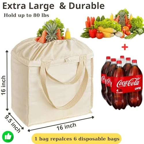 ANLACO Reusable Grocery Bags - Canvas Shopping Bags for Groceries with Handles, Extra Large Canvas Tote Bag with Real Pockets, Sturdy, Utility, Heavy Duty, Foldable, Washable, 1pc, Made in Vietnam