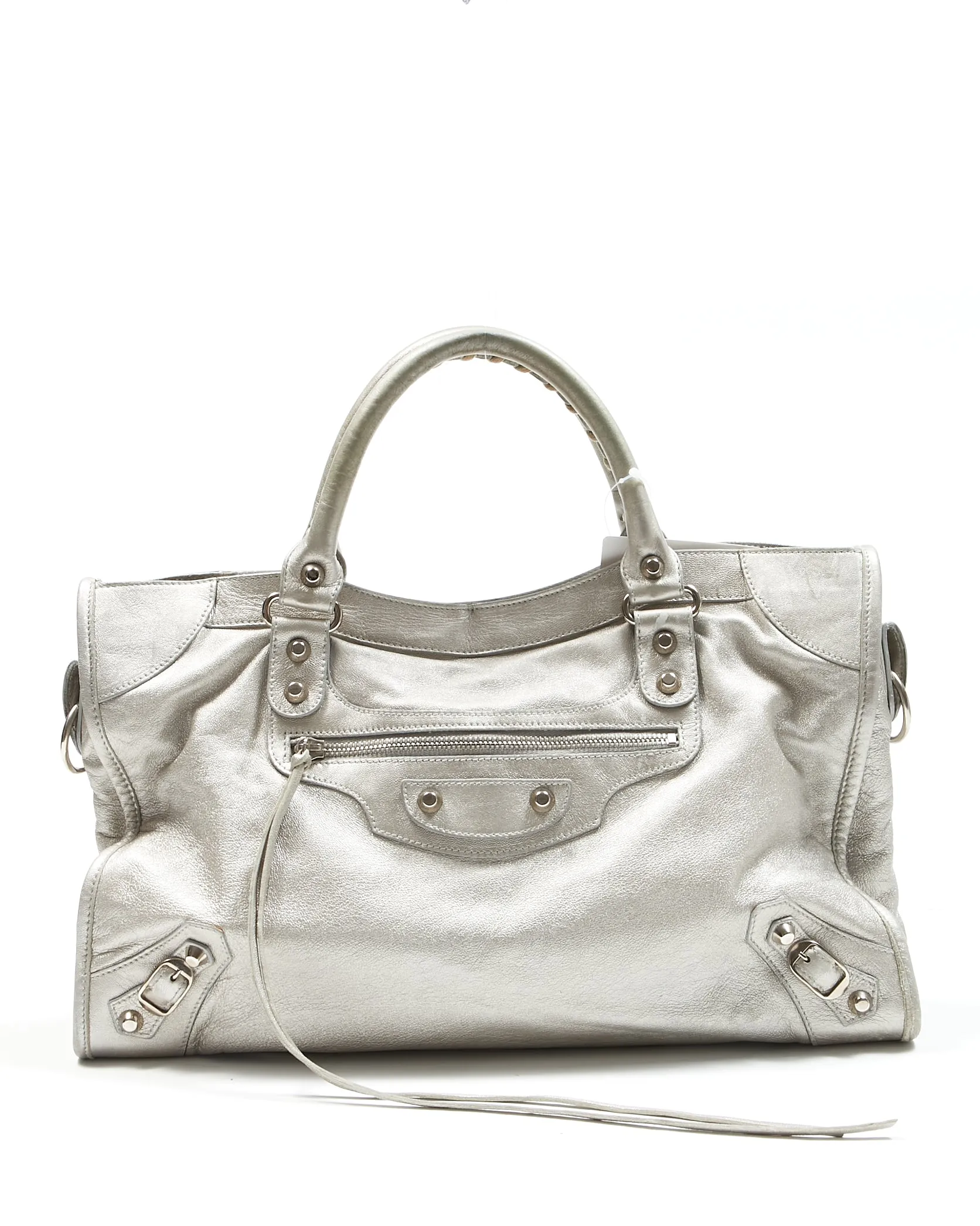 Balenciaga Metallic Silver Leather Motocross Classic City Bag