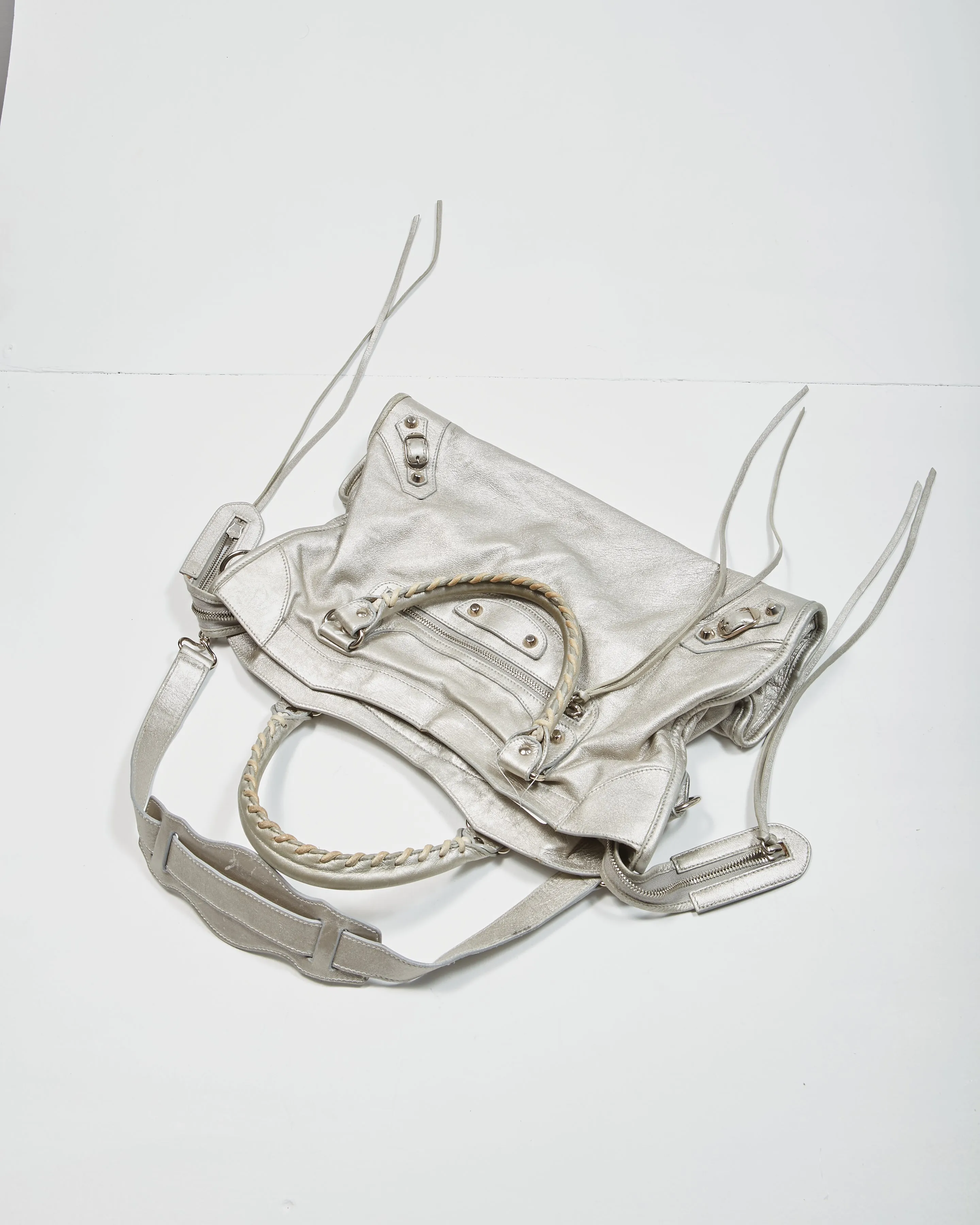 Balenciaga Metallic Silver Leather Motocross Classic City Bag
