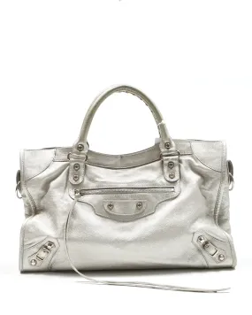 Balenciaga Metallic Silver Leather Motocross Classic City Bag