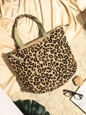Berrylush Women Brown Leopard Printed Canvas Zipper-Up Regular Tote Bag
