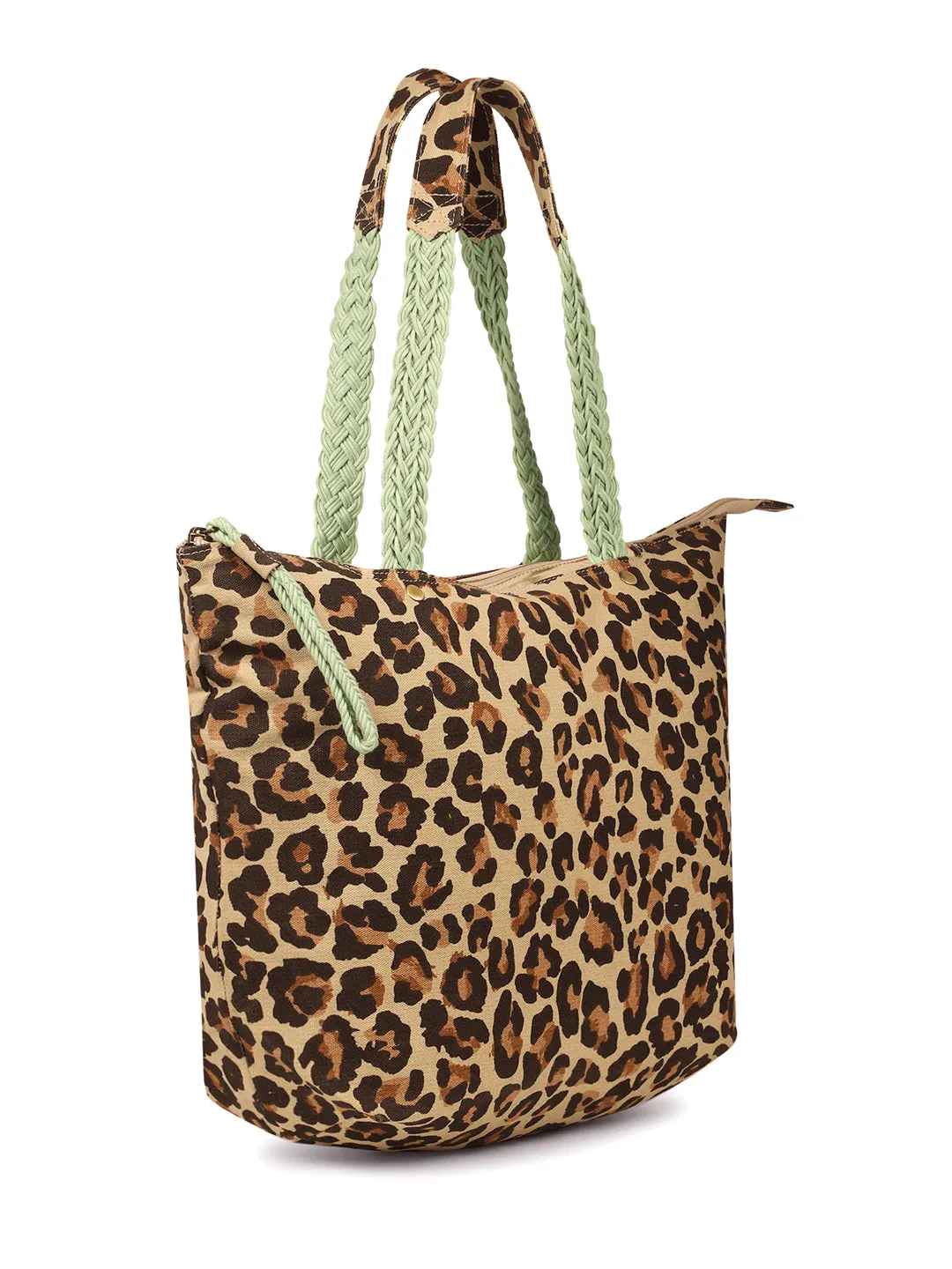Berrylush Women Brown Leopard Printed Canvas Zipper-Up Regular Tote Bag