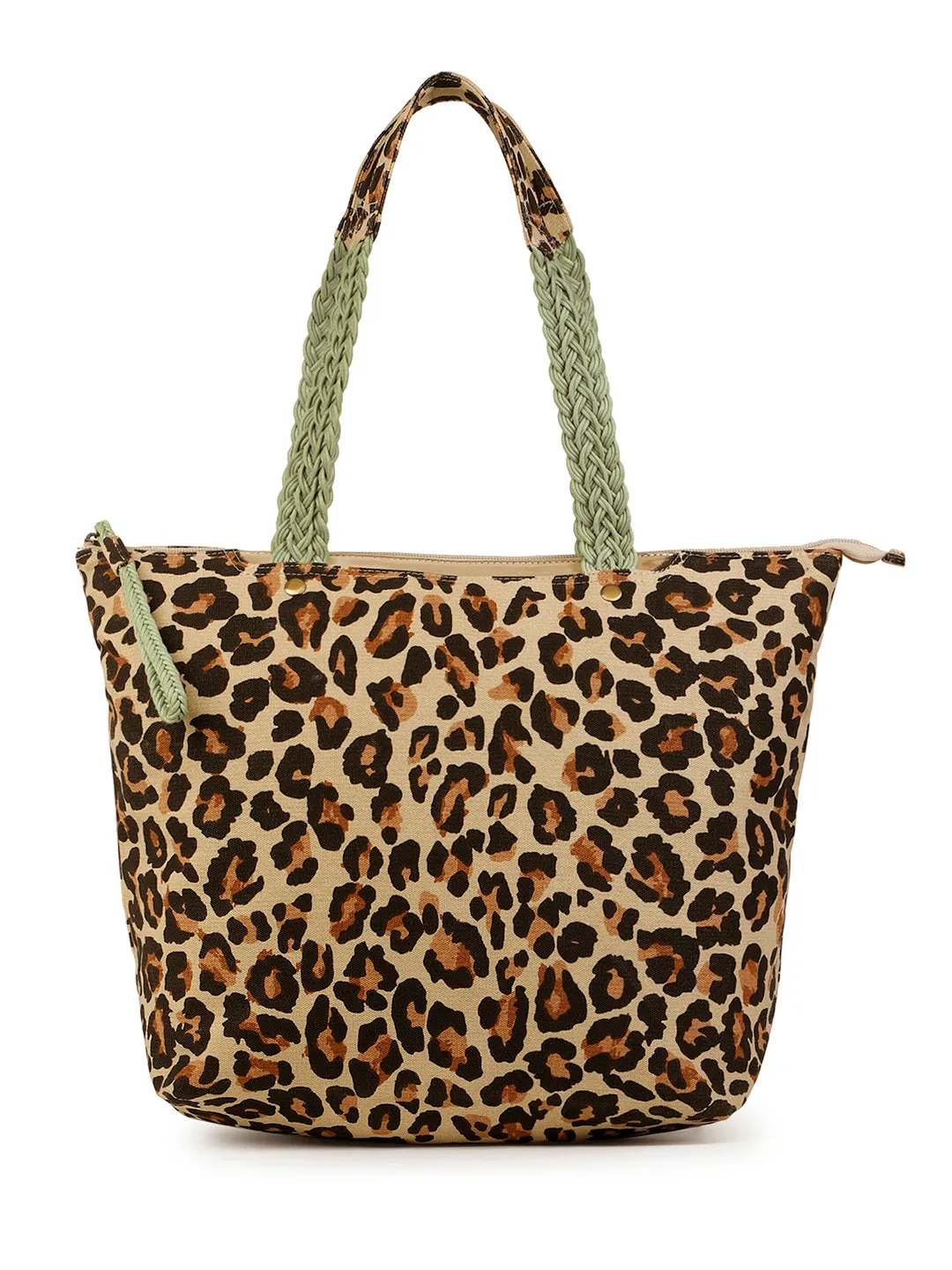 Berrylush Women Brown Leopard Printed Canvas Zipper-Up Regular Tote Bag