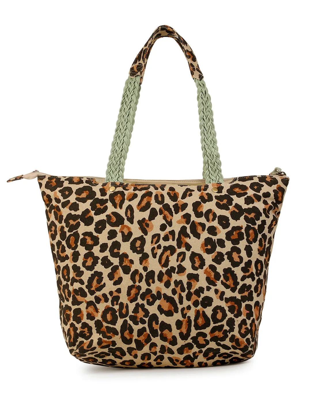 Berrylush Women Brown Leopard Printed Canvas Zipper-Up Regular Tote Bag