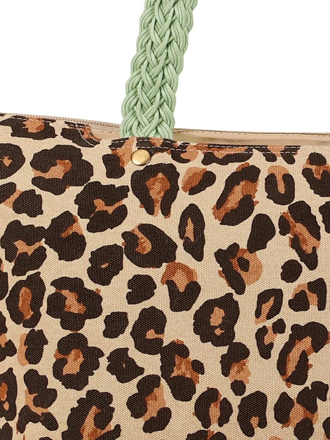 Berrylush Women Brown Leopard Printed Canvas Zipper-Up Regular Tote Bag