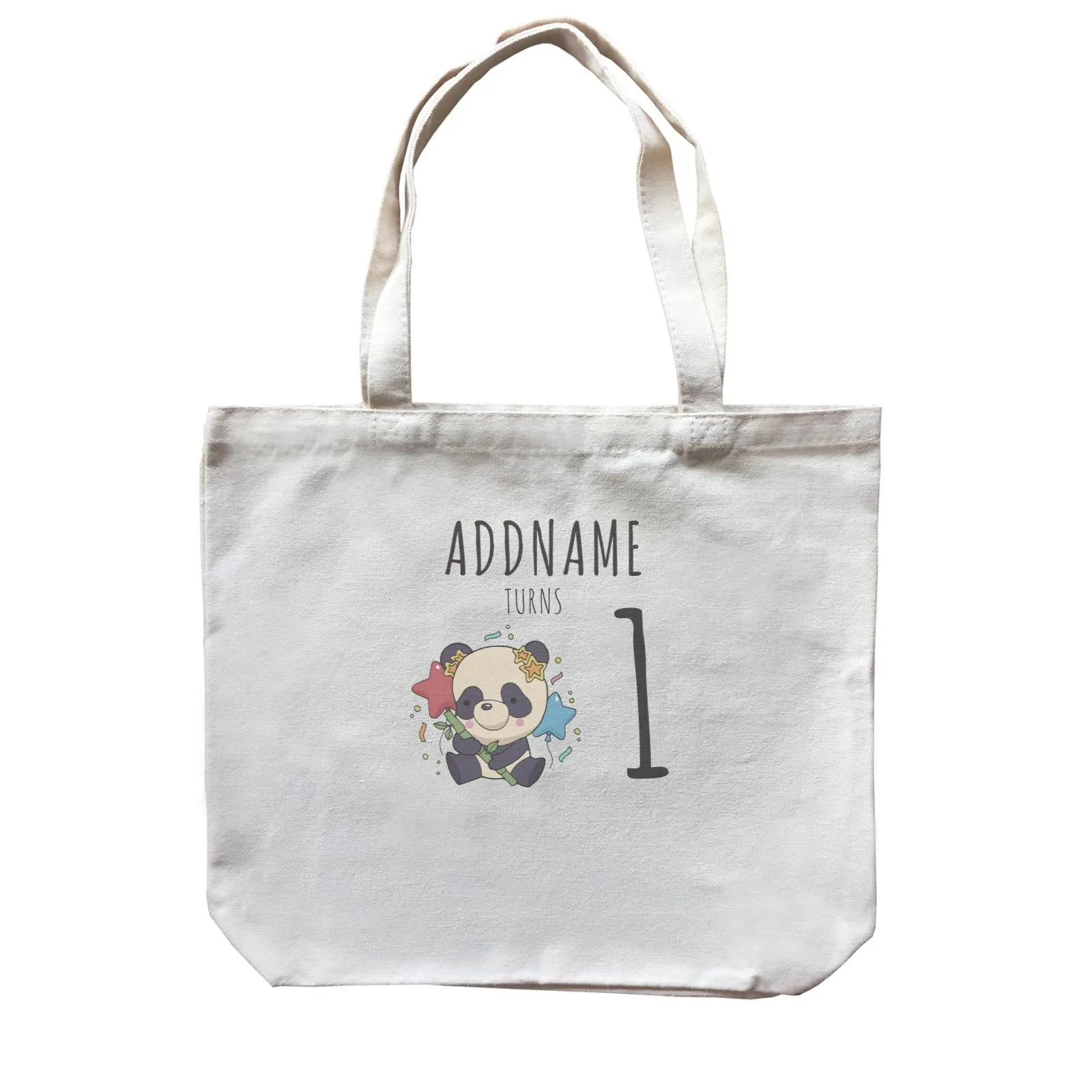 Birthday Sketch Animals Panda with Party Hat Holding Bamboo Addname Turns 1 Canvas Bag