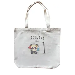 Birthday Sketch Animals Panda with Party Hat Holding Bamboo Addname Turns 1 Canvas Bag