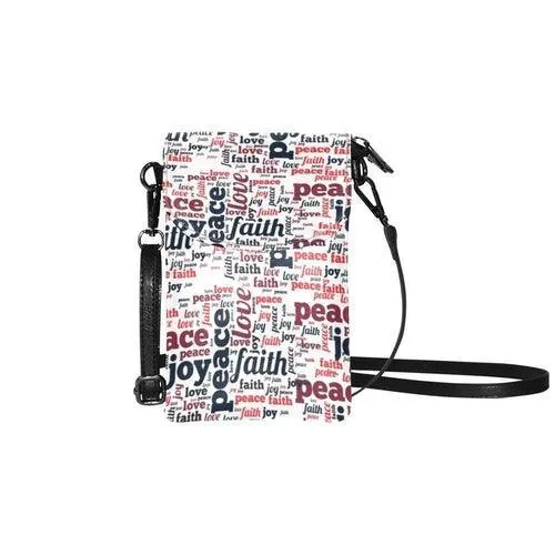 Crossbody Cell Phone Purse, Peace Love Faith Hope, White, Multicolor