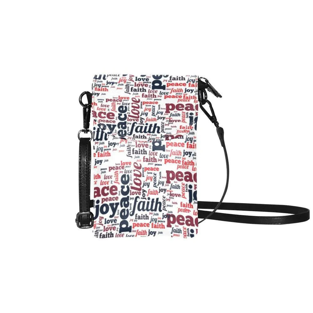 Crossbody Cell Phone Purse, Peace Love Faith Hope, White, Multicolor