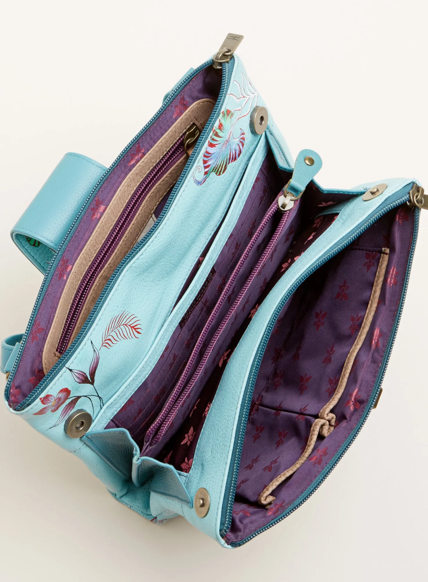 Dragonfly Blues Hand-painted Leather Crossbody Organizer Bag