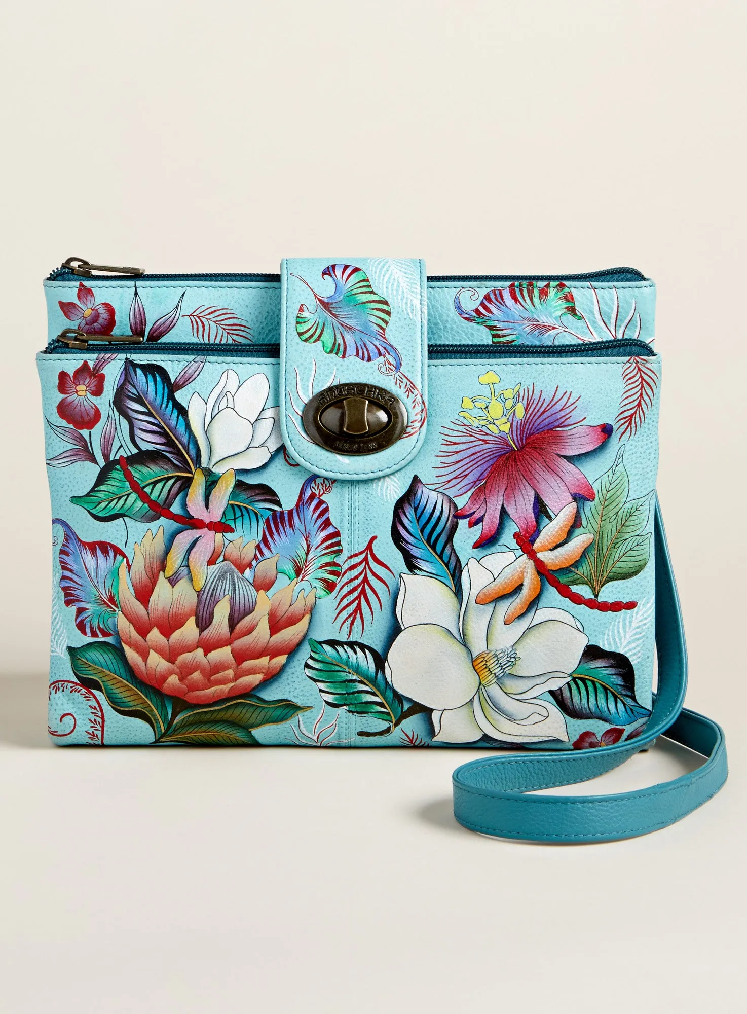 Dragonfly Blues Hand-painted Leather Crossbody Organizer Bag