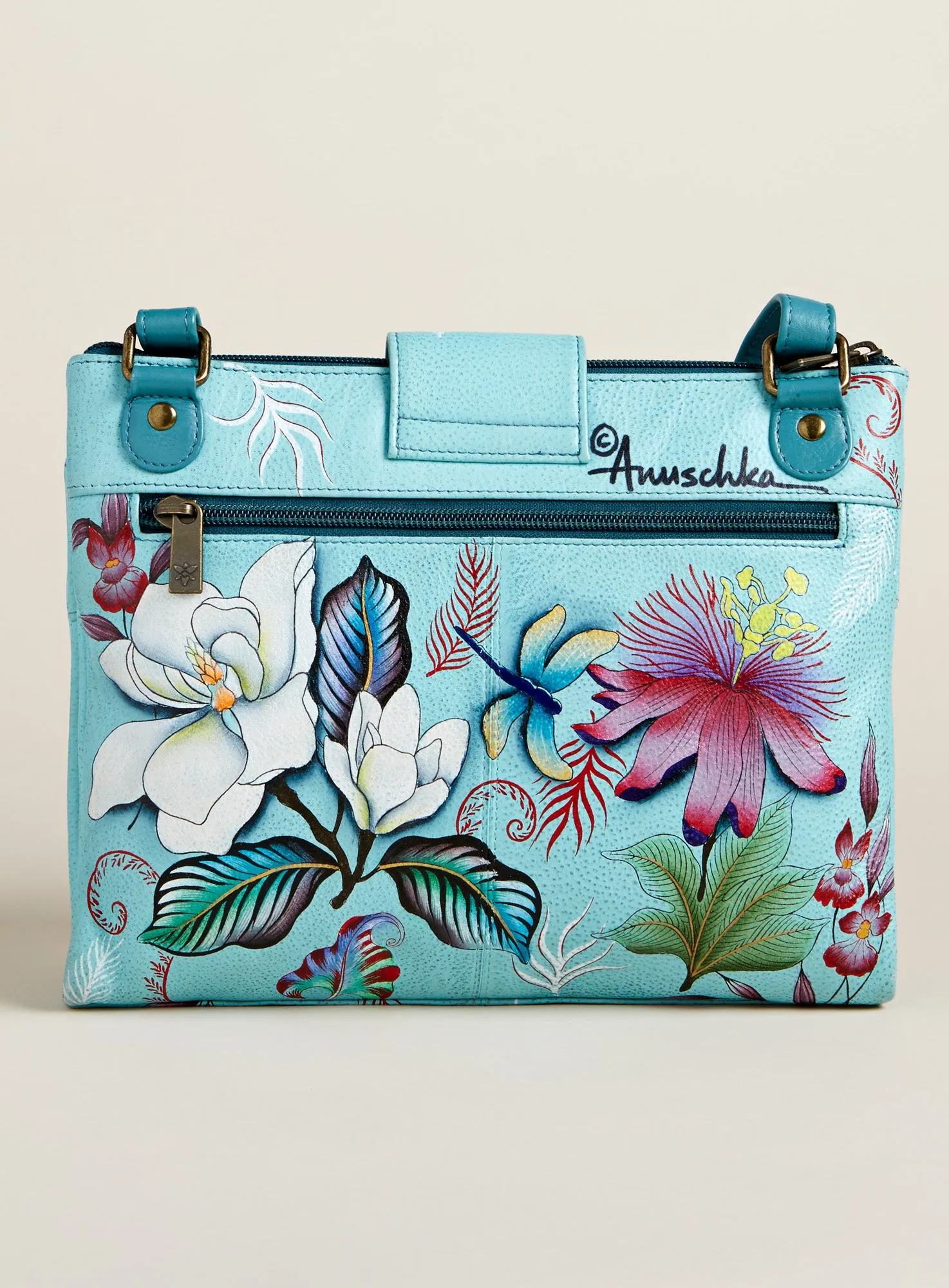 Dragonfly Blues Hand-painted Leather Crossbody Organizer Bag