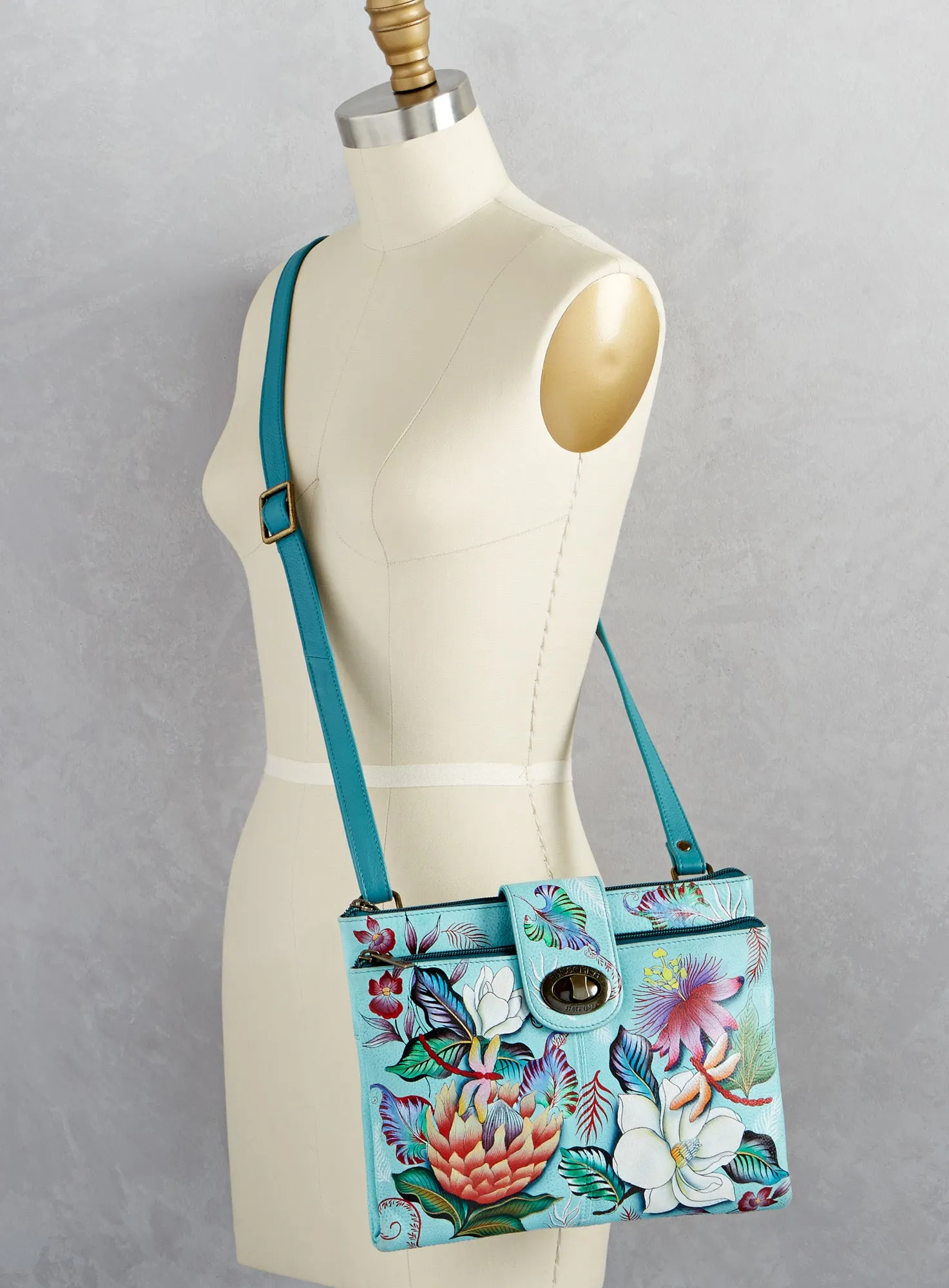 Dragonfly Blues Hand-painted Leather Crossbody Organizer Bag