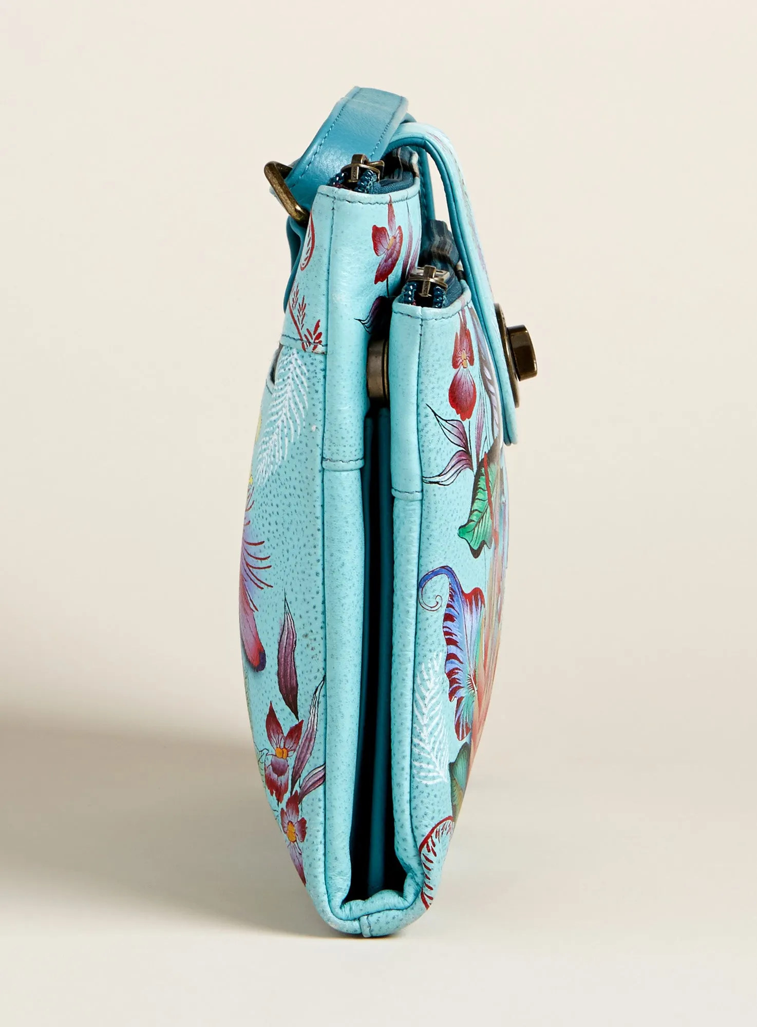 Dragonfly Blues Hand-painted Leather Crossbody Organizer Bag