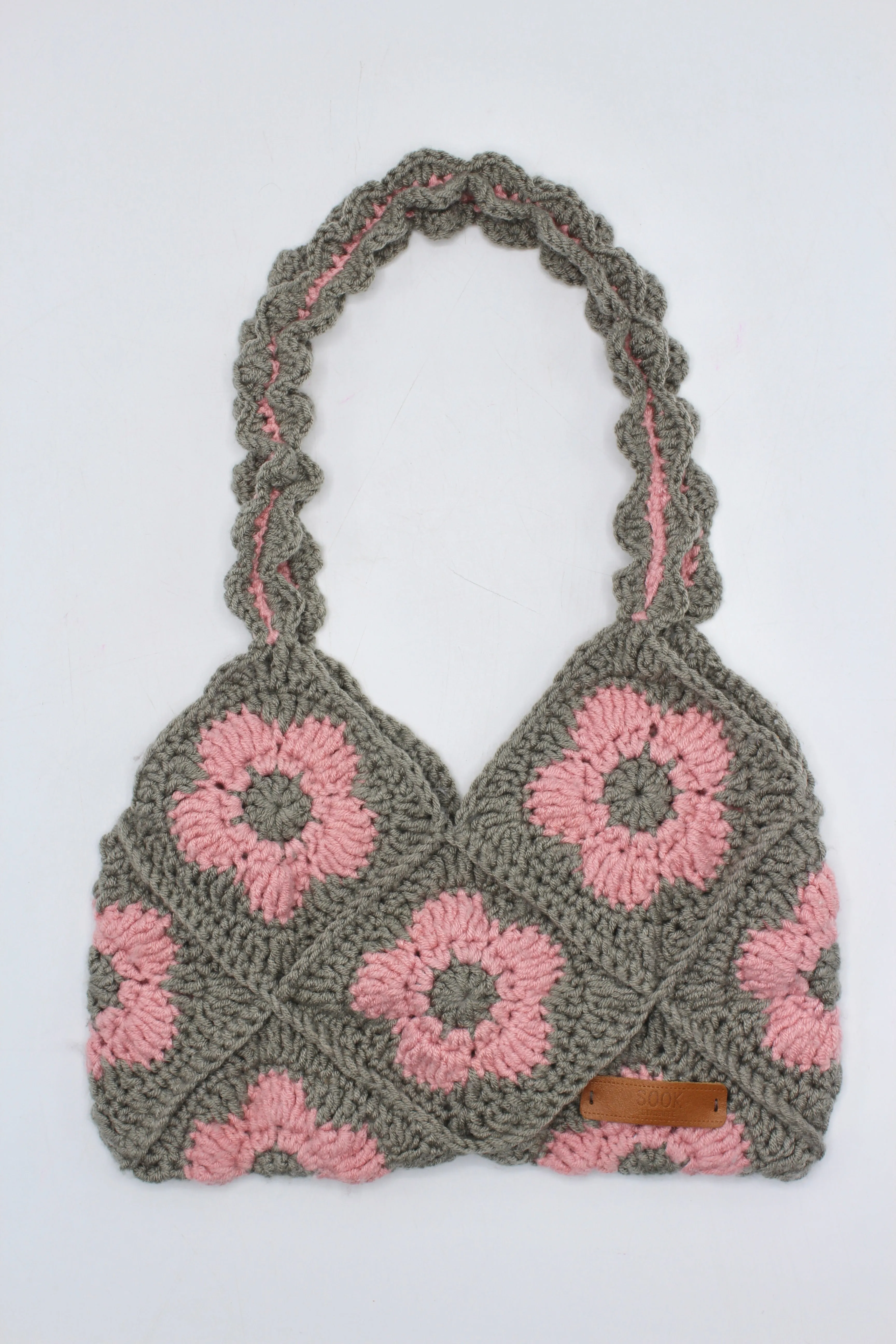 Handmade Floral Knitting Crochet Baguette Bag Grey & Pink