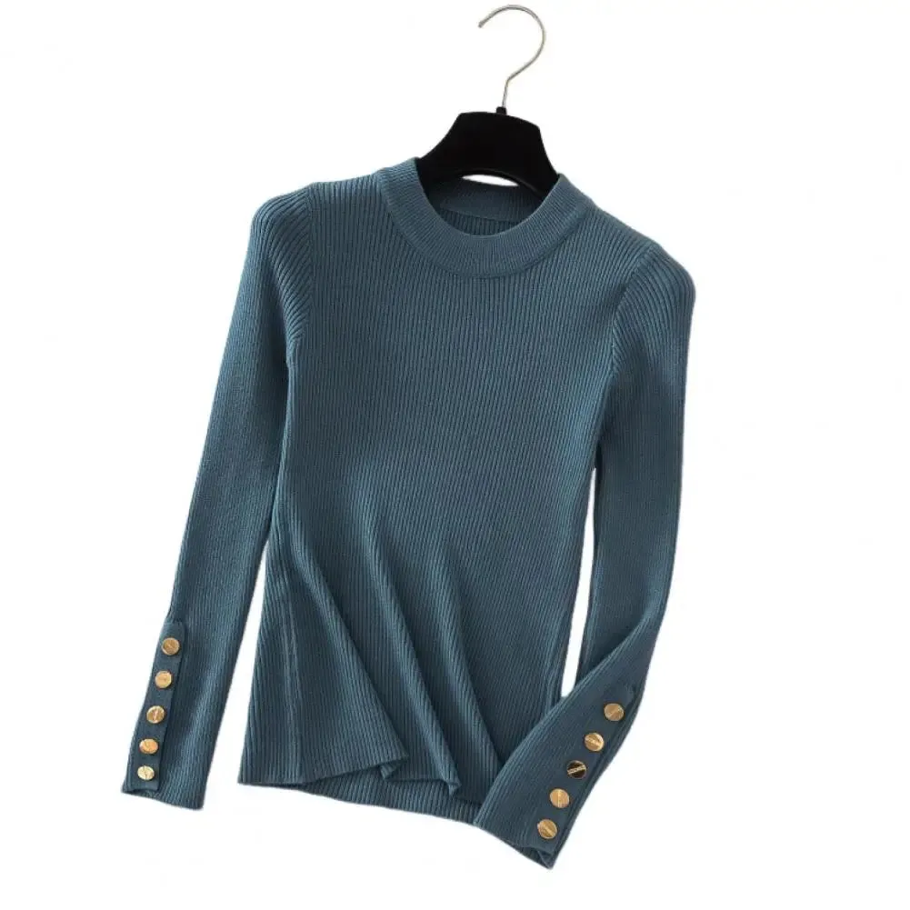 Knitted O Neck Top Women Round Neck Top Stylish Crew Neck Women's Sweater with Long Sleeves Button for Fall for Fashionable