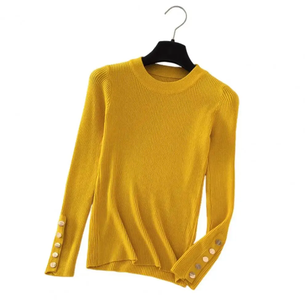 Knitted O Neck Top Women Round Neck Top Stylish Crew Neck Women's Sweater with Long Sleeves Button for Fall for Fashionable