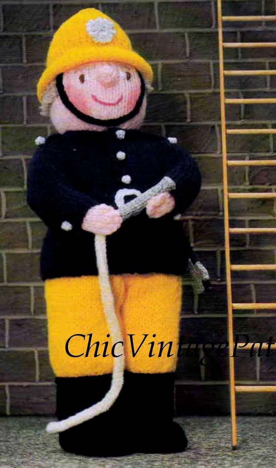 Knitted Soft Toy Pattern, Fireman Sam Doll, Instant Download Pattern