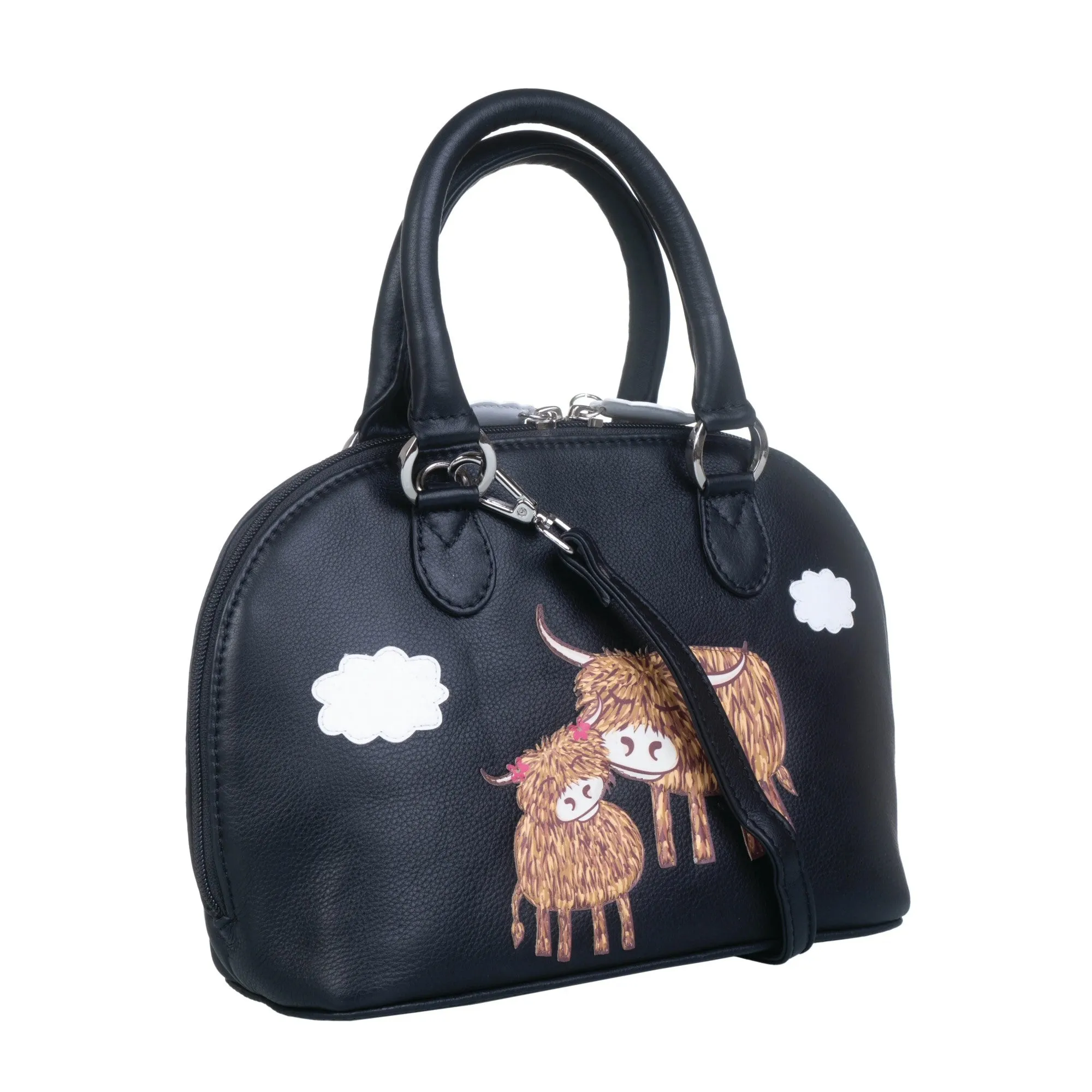 Mala Leather Black Bella Highland Cow Zip round Grab Bag