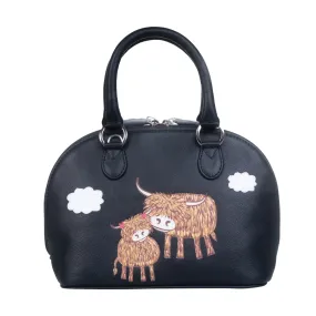 Mala Leather Black Bella Highland Cow Zip round Grab Bag