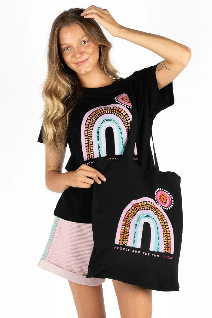 People And The Sun Black Long Handle Cotton Tote Bag
