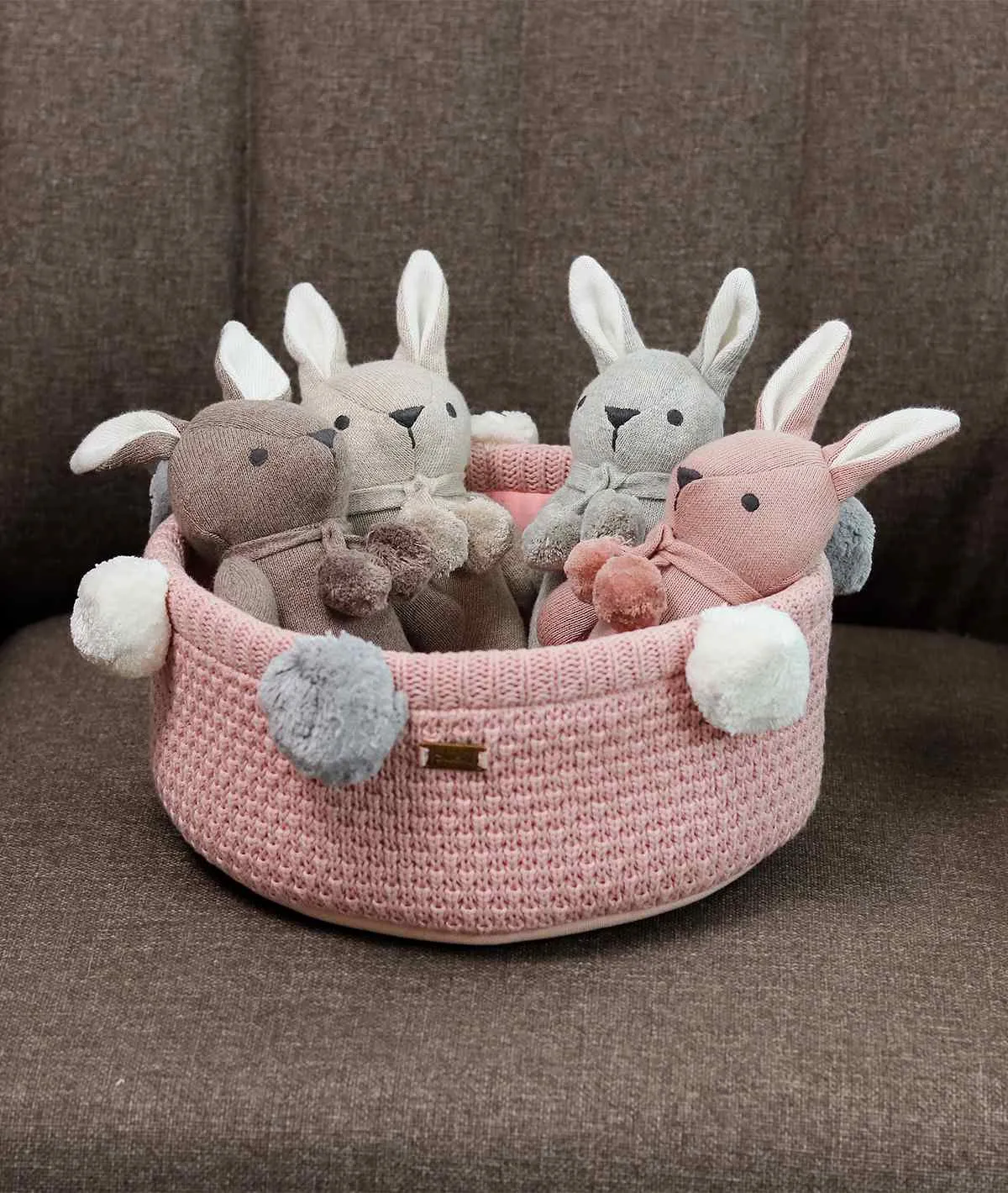 Toto Bear Cotton Knitted Stuffed Soft Rattle Toy (Pink Melange & Natural)